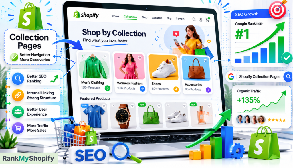 Shopify SEO strategy illustration with collection pages, product categories, search rankings, and ecommerce growth analytics