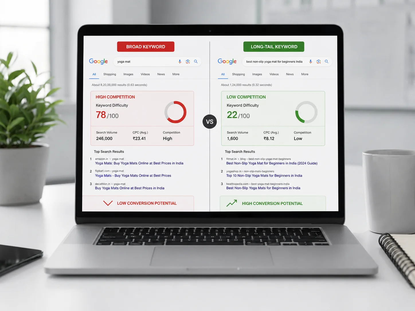 Comparison of short-tail vs long-tail keywords for Shopify ecommerce SEO showing conversion rate