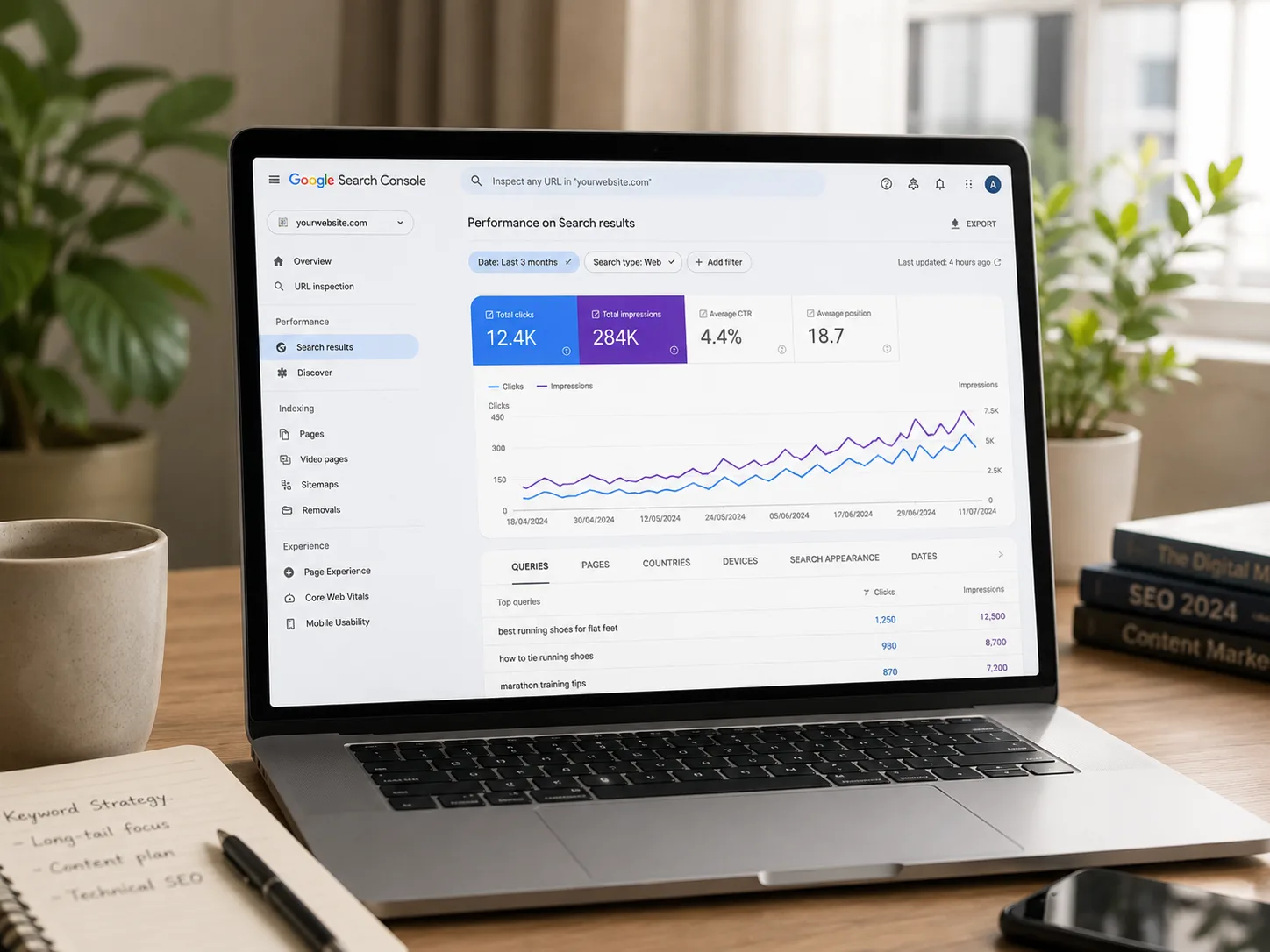 Google Search Console keyword performance data for a Shopify store showing organic traffic growth