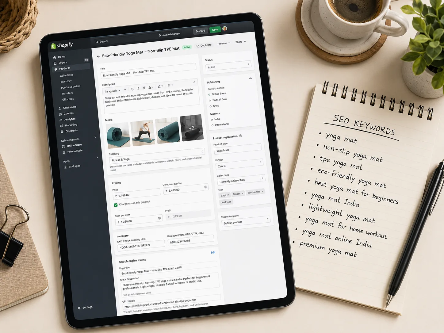 Shopify Admin product SEO fields showing keyword placement in meta title and description fields