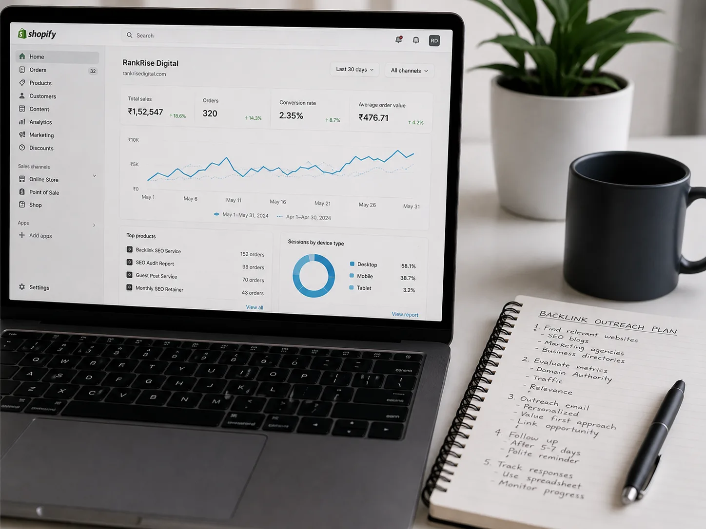 Shopify admin dashboard with backlink outreach planning notes