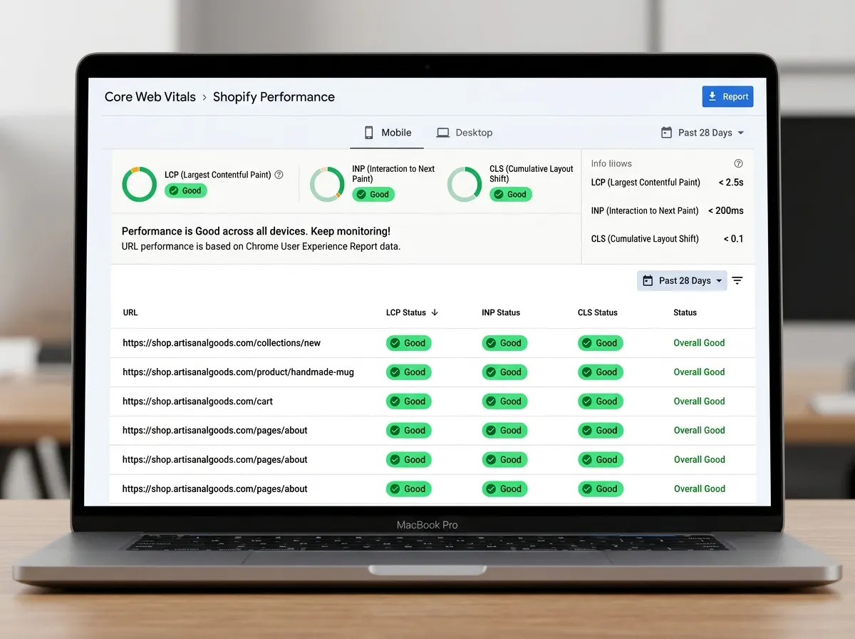 Google Search Console Core Web Vitals report for a Shopify store showing all URLs in the Good status category