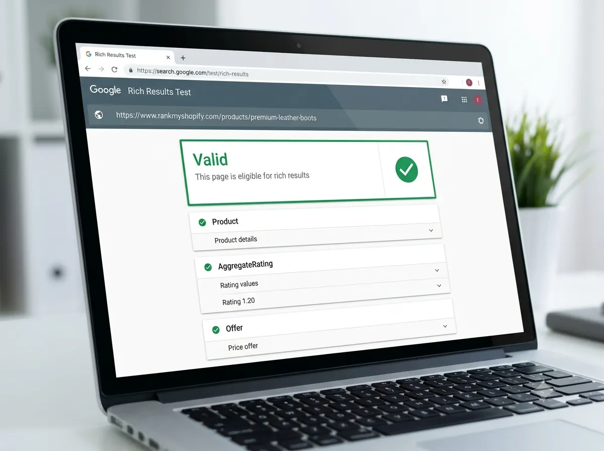 Google Rich Results Test showing valid Shopify structured data and schema markup for a product page