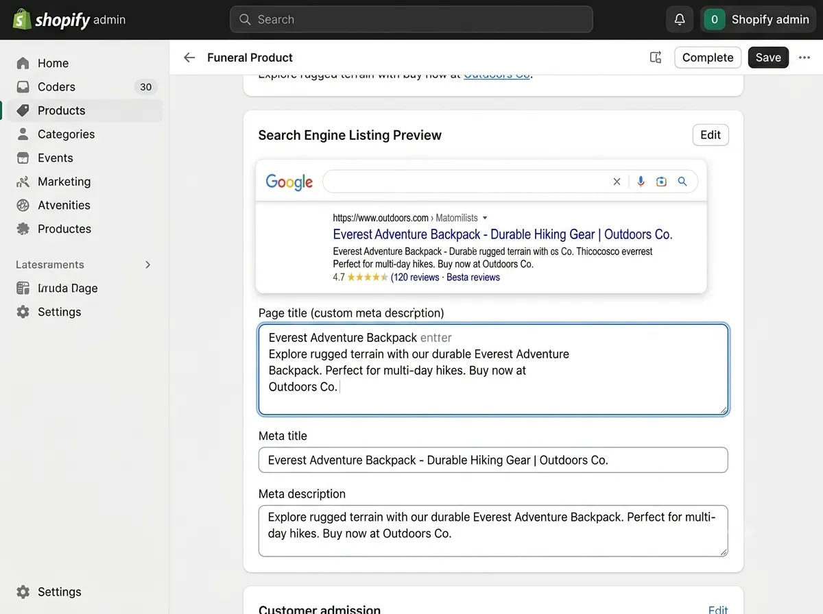 Shopify admin search engine listing preview panel showing product meta title optimisation 