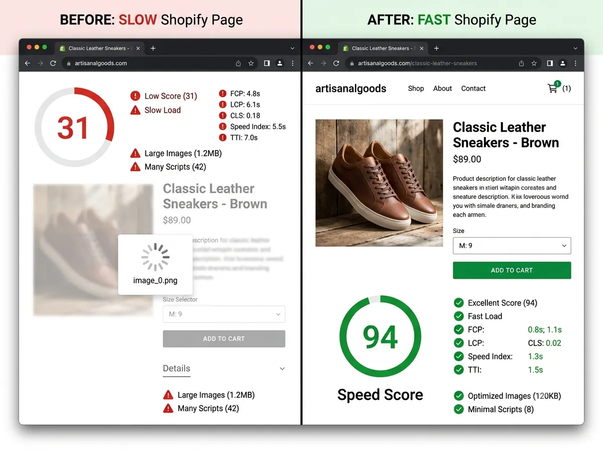 Slow Shopify page speed versus optimised Shopify page speed showing before and after Core Web Vitals scores
