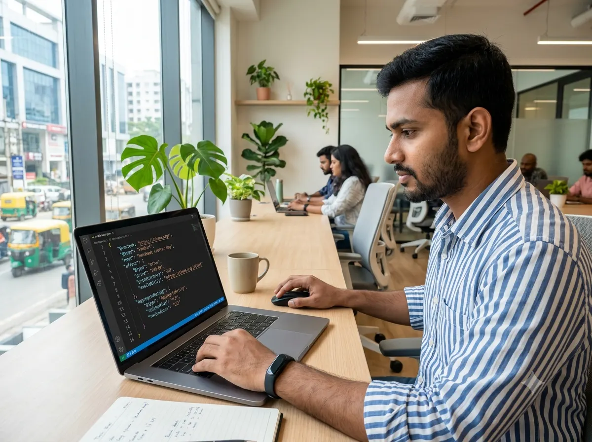 Shopify JSON-LD schema markup code being written in a code editor for ecommerce SEO