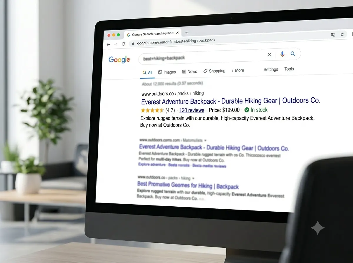 Shopify product schema markup generating star ratings and rich results in Google search 