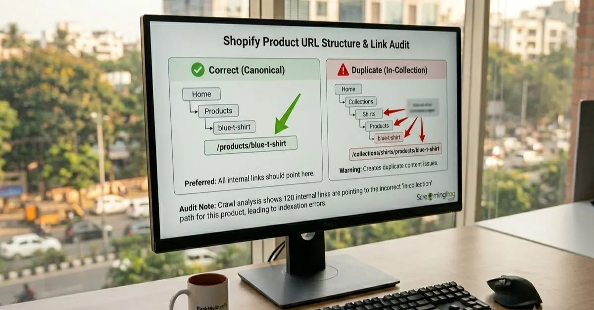 Shopify product URL duplicate showing canonical products URL vs collection-scoped URL
