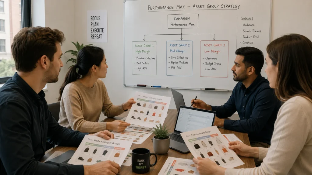 Team planning Shopify Performance Max asset group structure by margin tier
