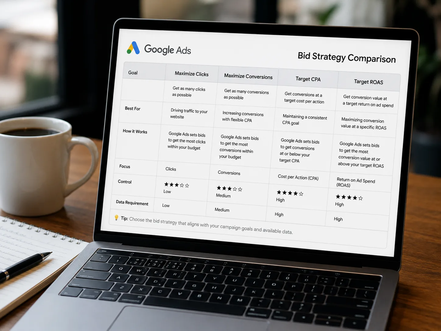Comparison chart of Google Ads bidding strategies for Shopify stores