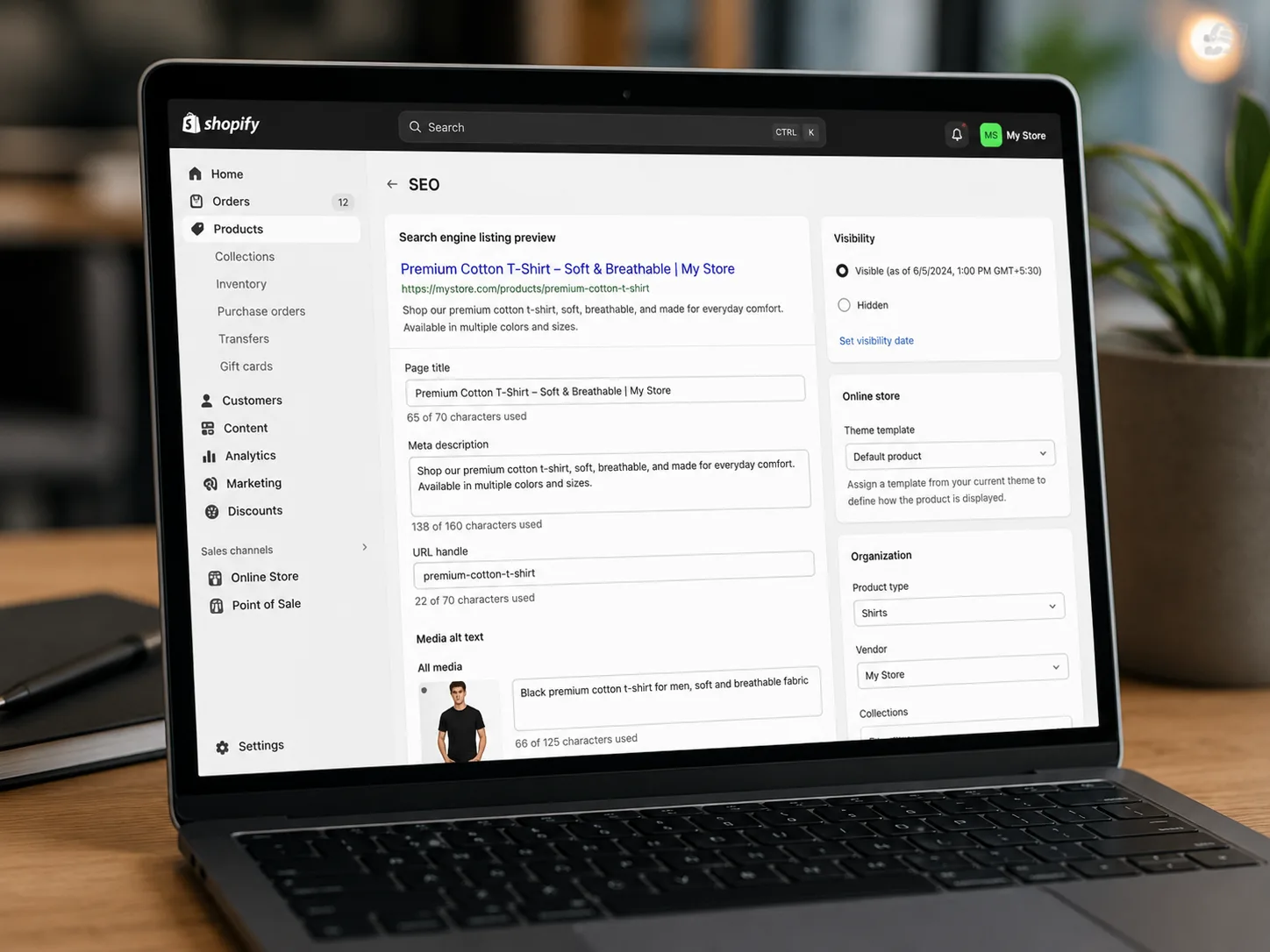 Shopify admin panel showing native SEO settings