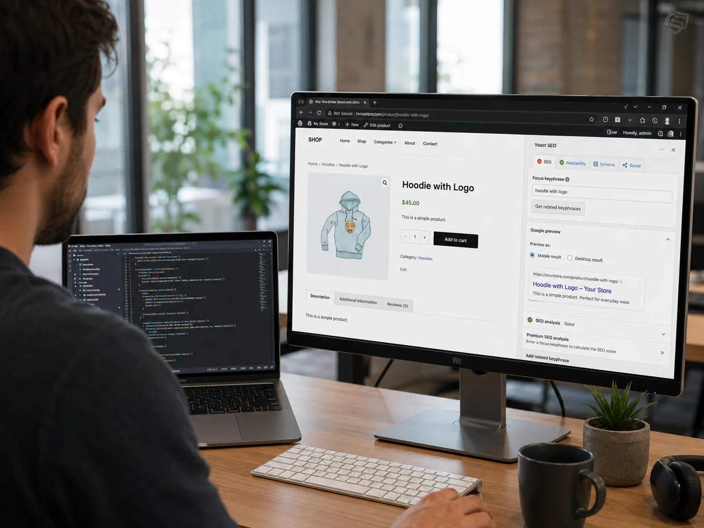 WordPress WooCommerce store with SEO plugin open