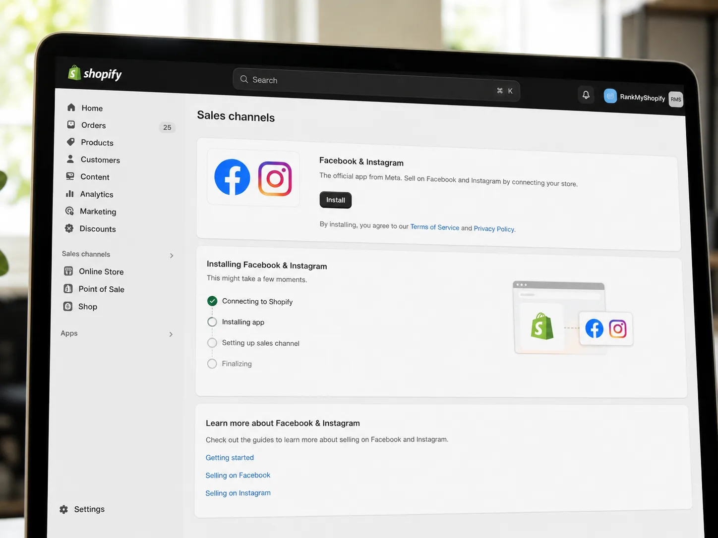 Installing Facebook and Instagram sales channel in Shopify admin