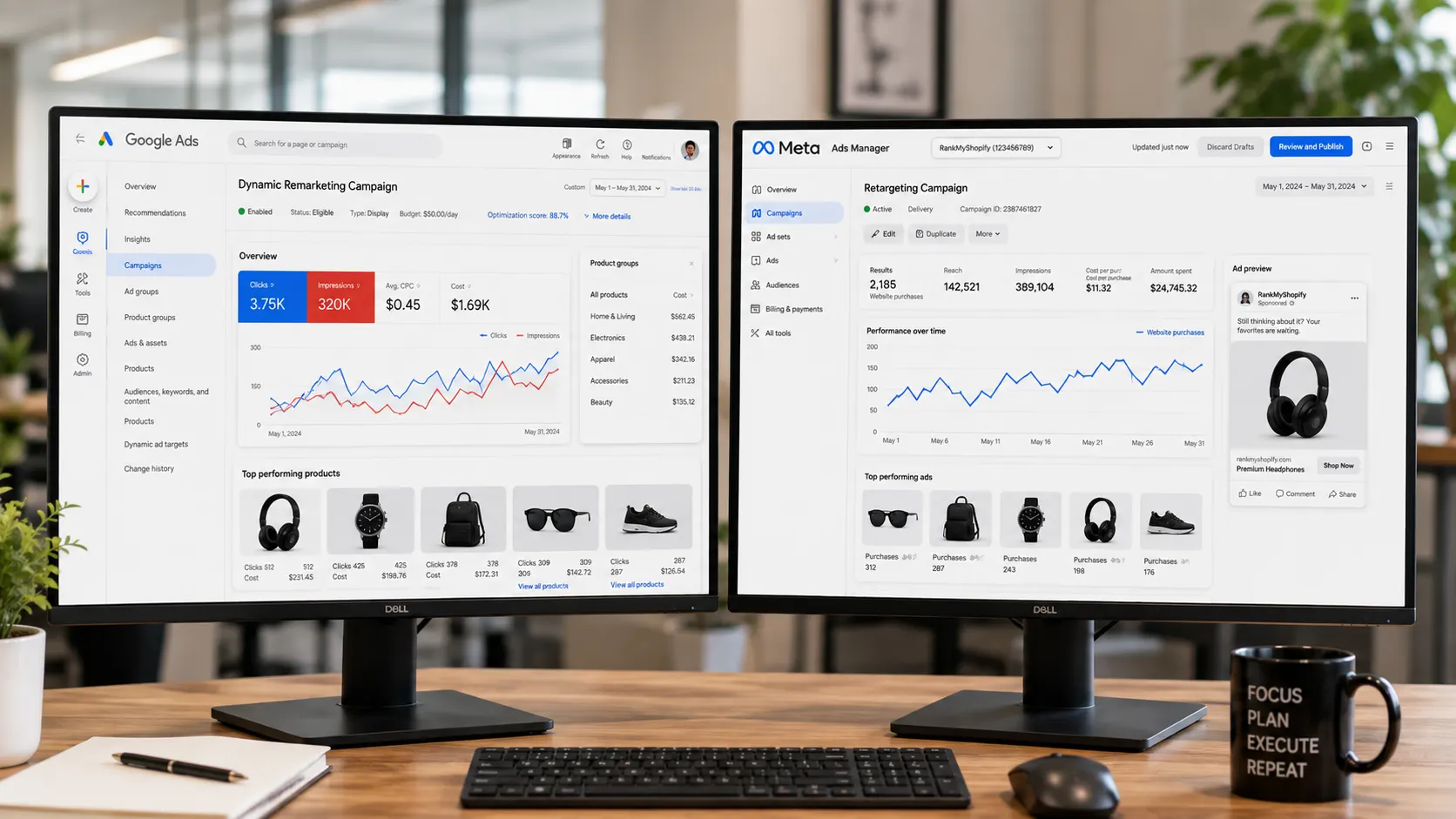 Google Ads and Facebook retargeting campaigns compared side by side