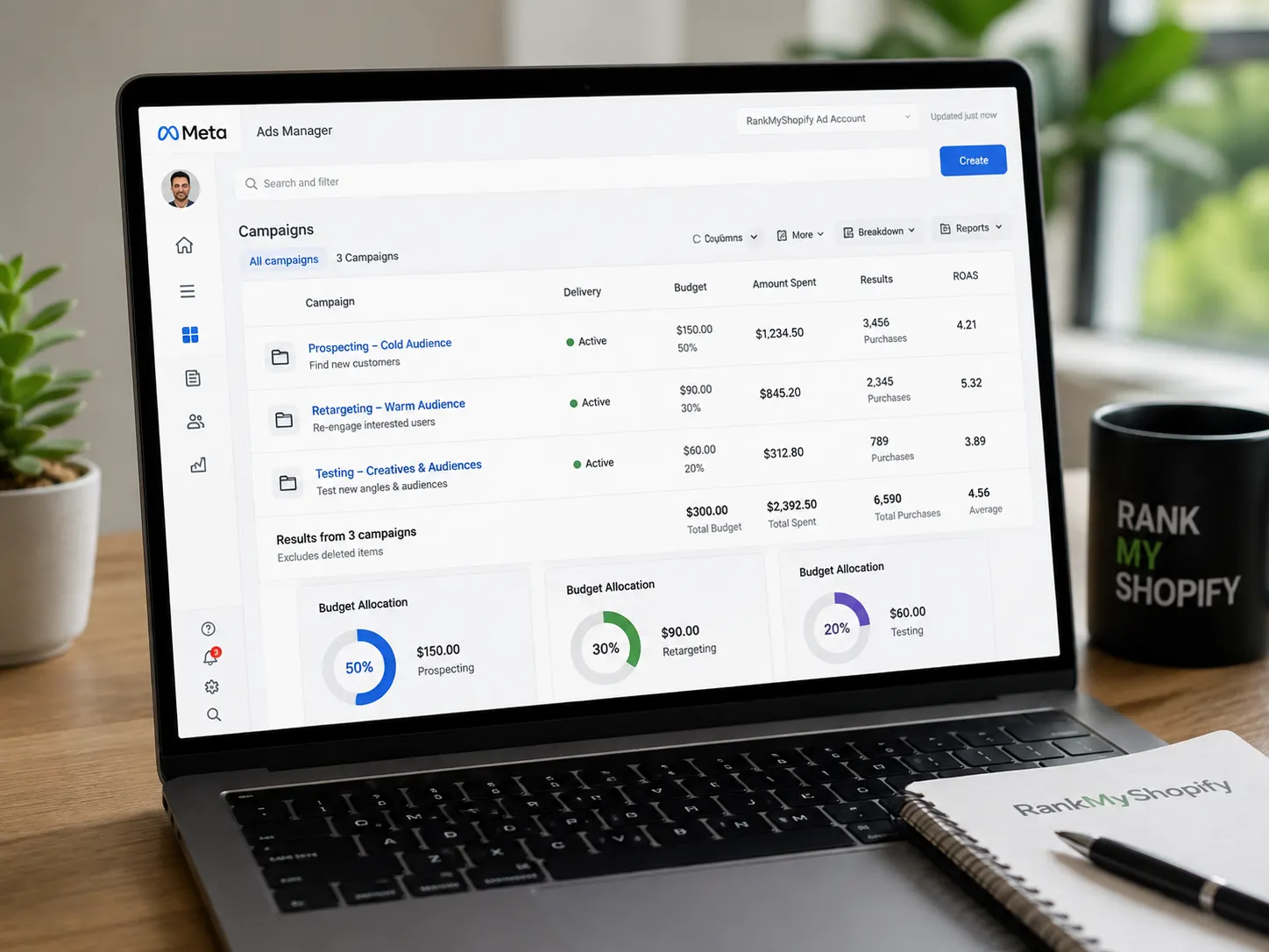 Shopify Facebook Ads campaign structure with prospecting and retargeting budgets