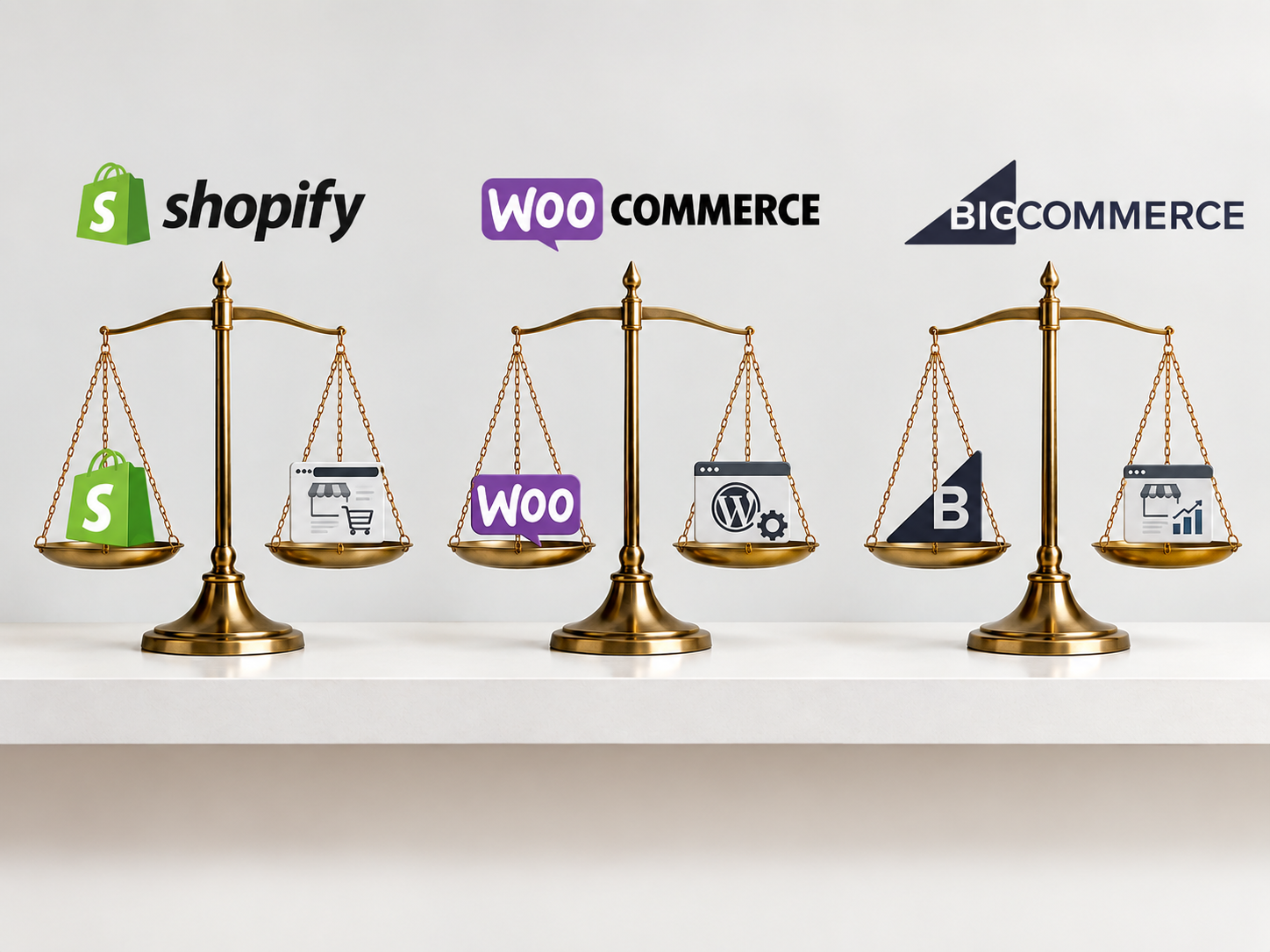 Comparison of ecommerce platform SEO strengths for Shopify, WooCommerce and BigCommerce