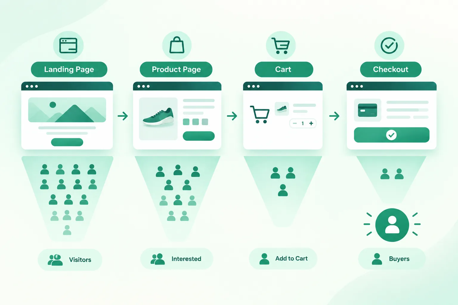 Four-step Shopify sales funnel from landing page to checkout showing where visitors drop off