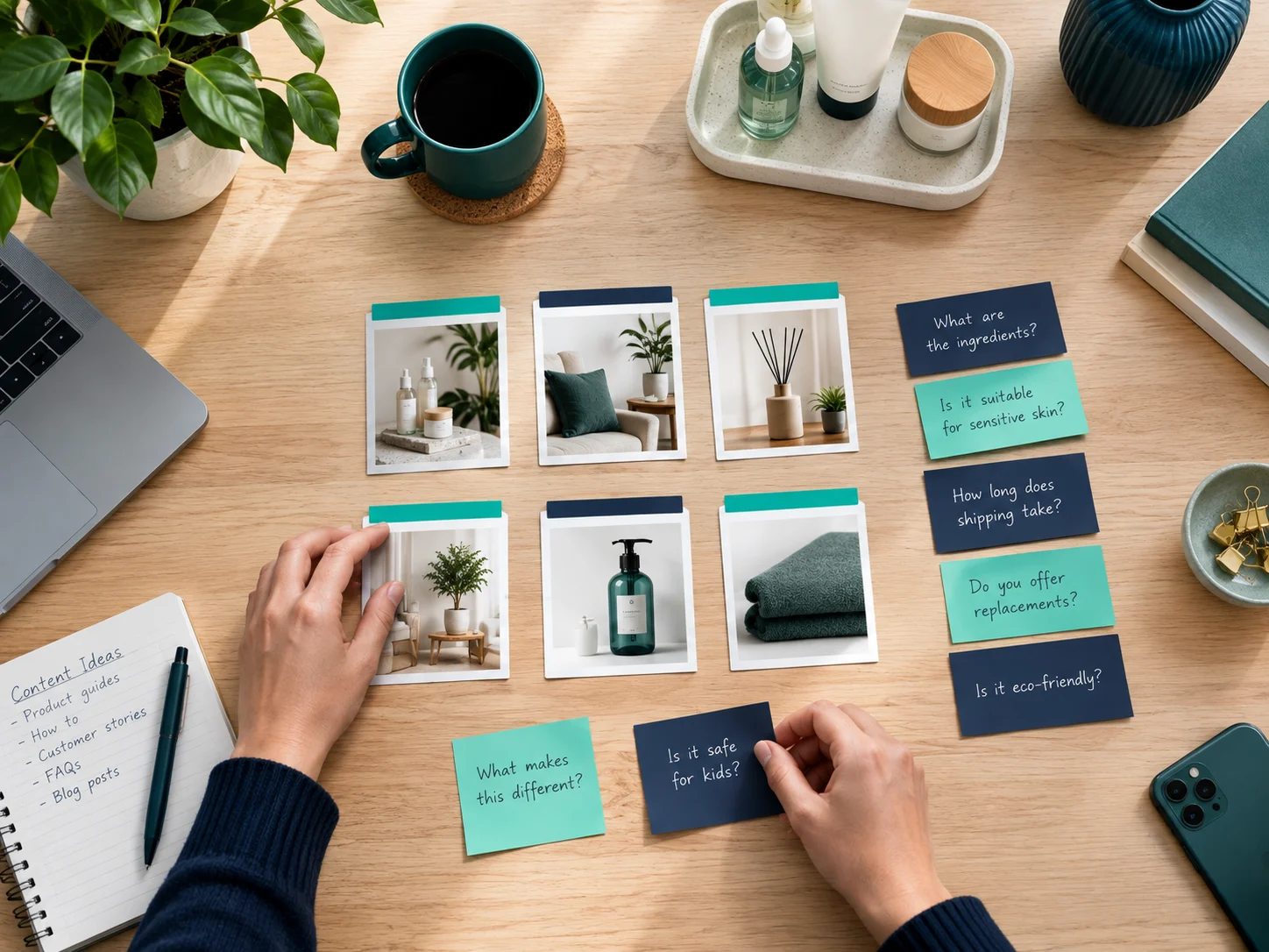 Store owner mapping customer questions for a Shopify content marketing plan