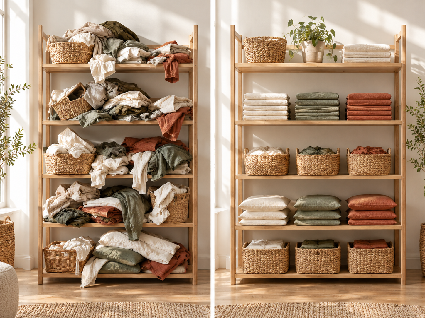 Two identical shelves, one messy and one tidy, illustrating a before and after Shopify page fix