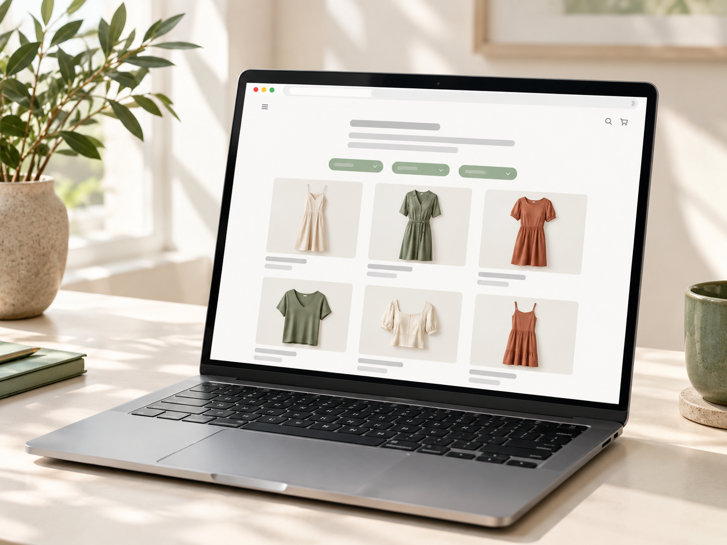 Laptop showing a Shopify collection page with an intro block, filter chips and a product grid