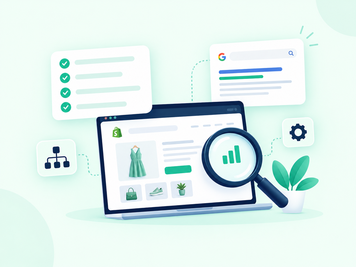 Checklist graphic for the Check step of a Shopify website audit covering SEO and indexing