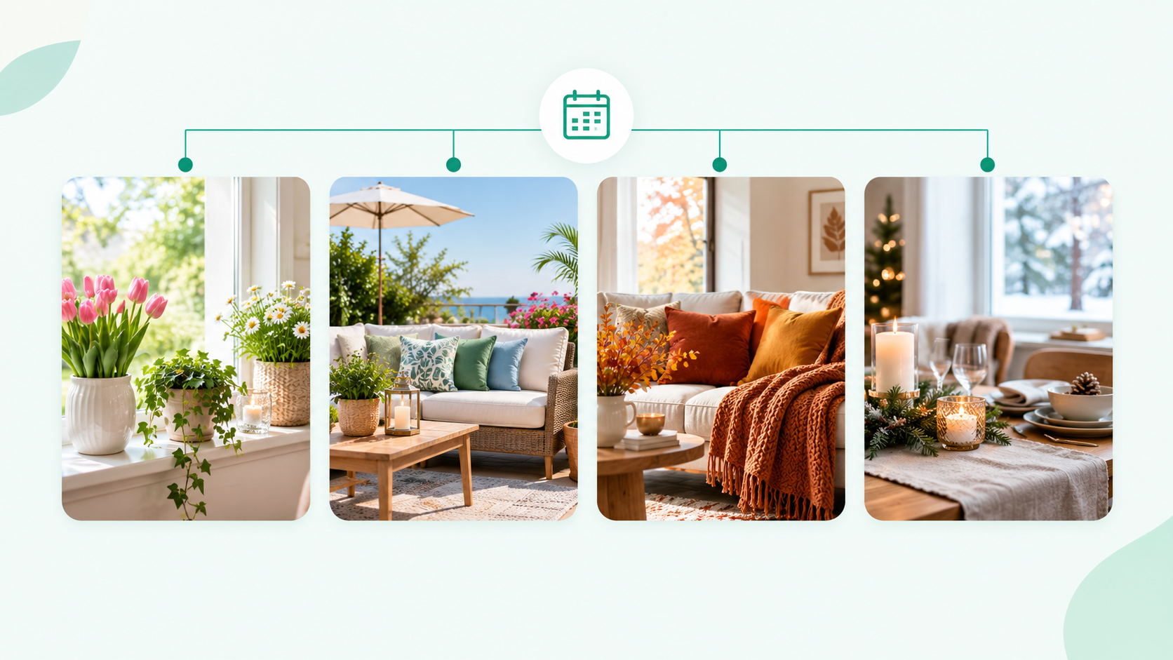 Four seasonal home decor scenes along a timeline
