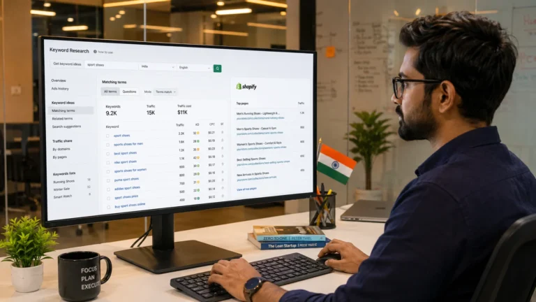 Shopify keyword research tool showing buyer- intent keywords for ecommerce store on desktop