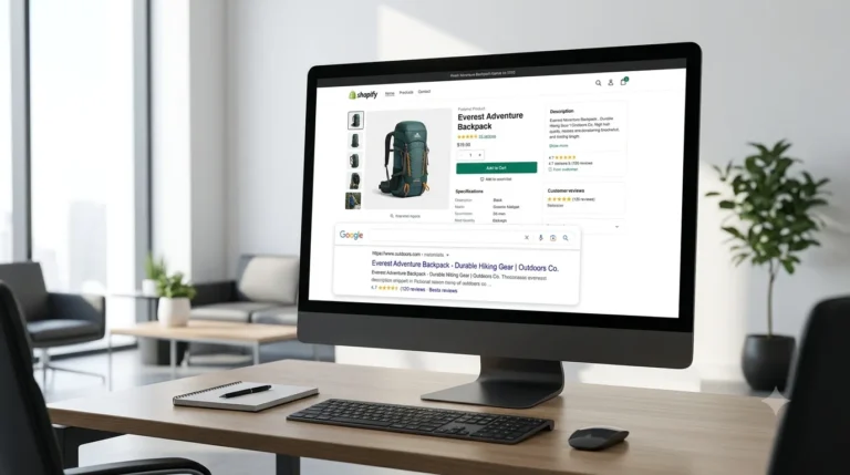 Shopify product page SEO optimisation shown on desktop with Google search preview panel