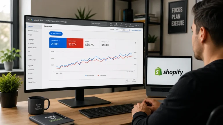 Shopify Performance Max dashboard showing rising conversions on screen