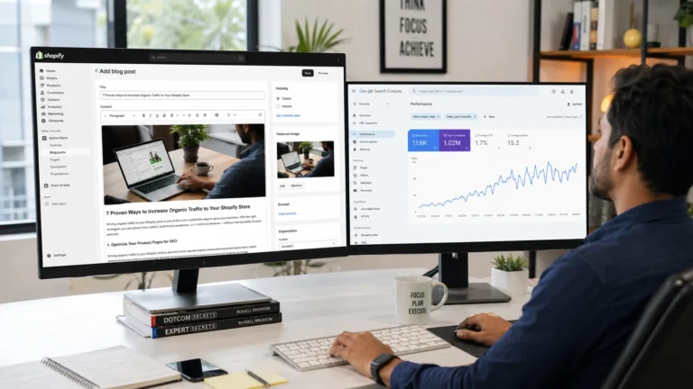 Shopify blog SEO dashboard showing organic traffic growth