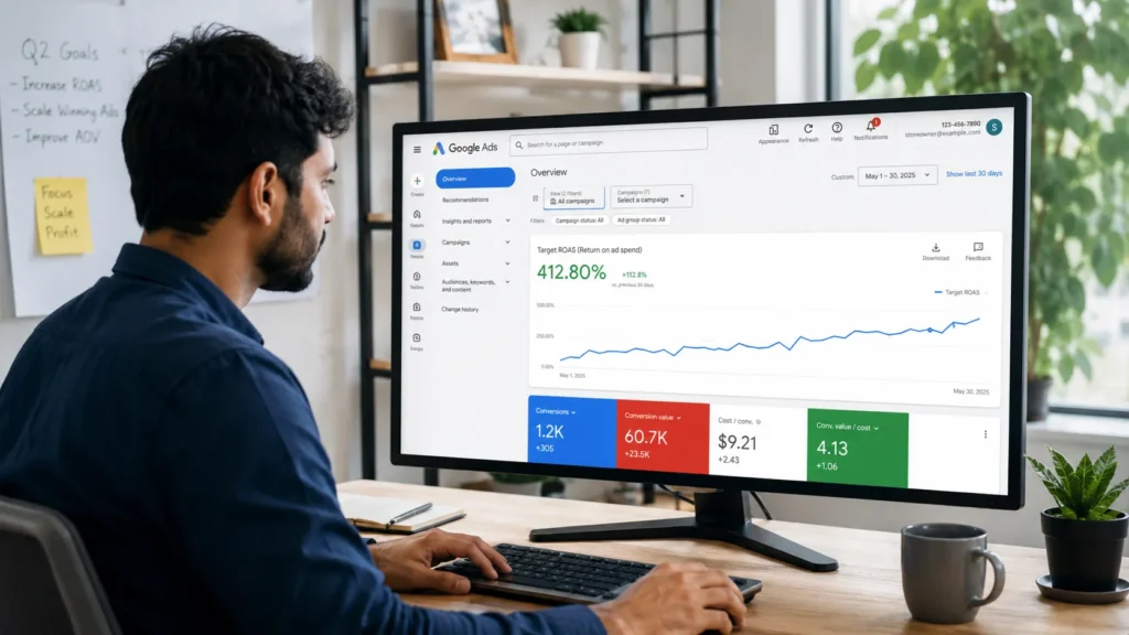 hopify smart bidding dashboard showing Target ROAS performance trend