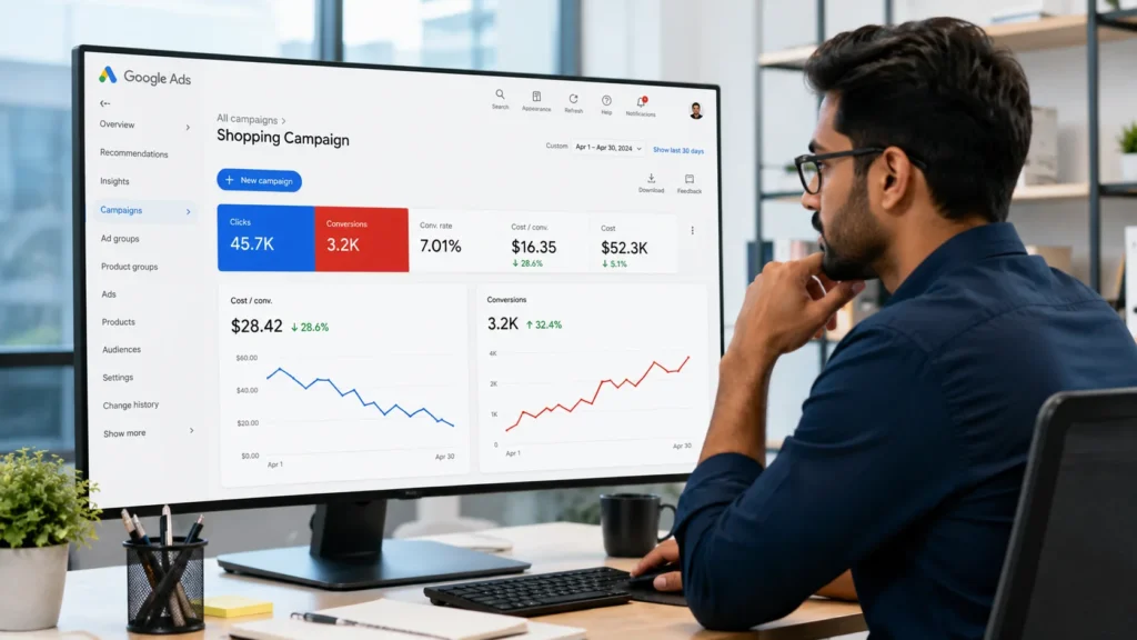 Lower CPA Google Shopping Shopify dashboard showing declining cost per acquisition