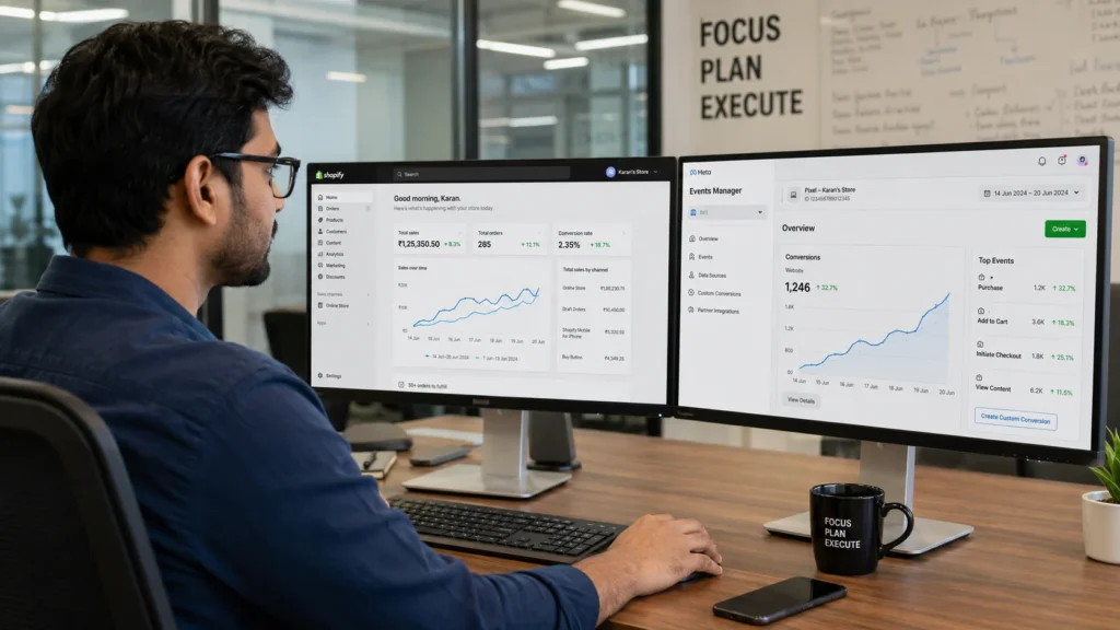 Shopify Facebook Pixel setup dashboard showing Meta Events Manager conversion tracking