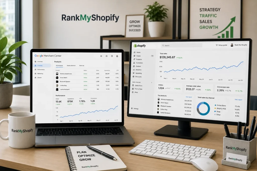 Shopify Google Shopping dashboard setup on laptop