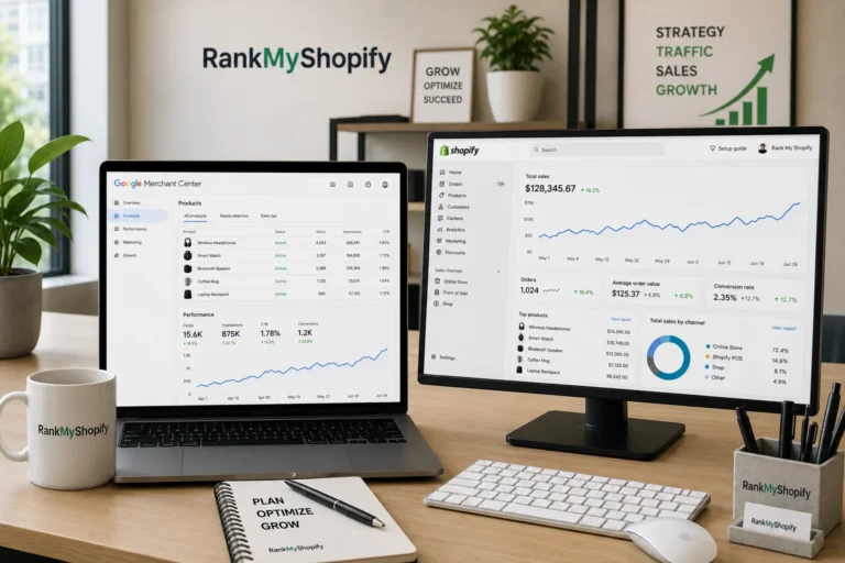 Shopify Google Shopping dashboard setup on laptop