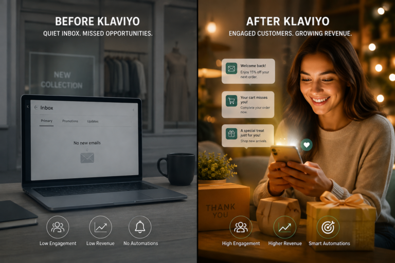 Split image showing quiet store before Klaviyo Shopify setup versus engaged shopper after