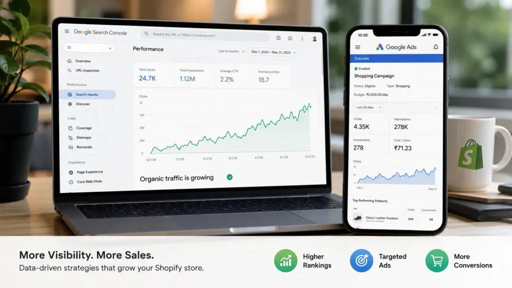 Shopify Google Ads vs SEO comparison shown on laptop and phone dashboards