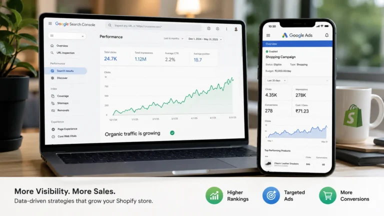 Shopify Google Ads vs SEO comparison shown on laptop and phone dashboards