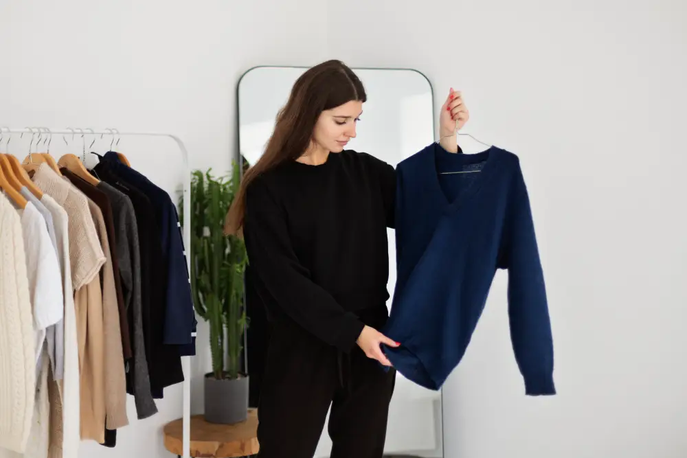 Woman holding a clothes hanger