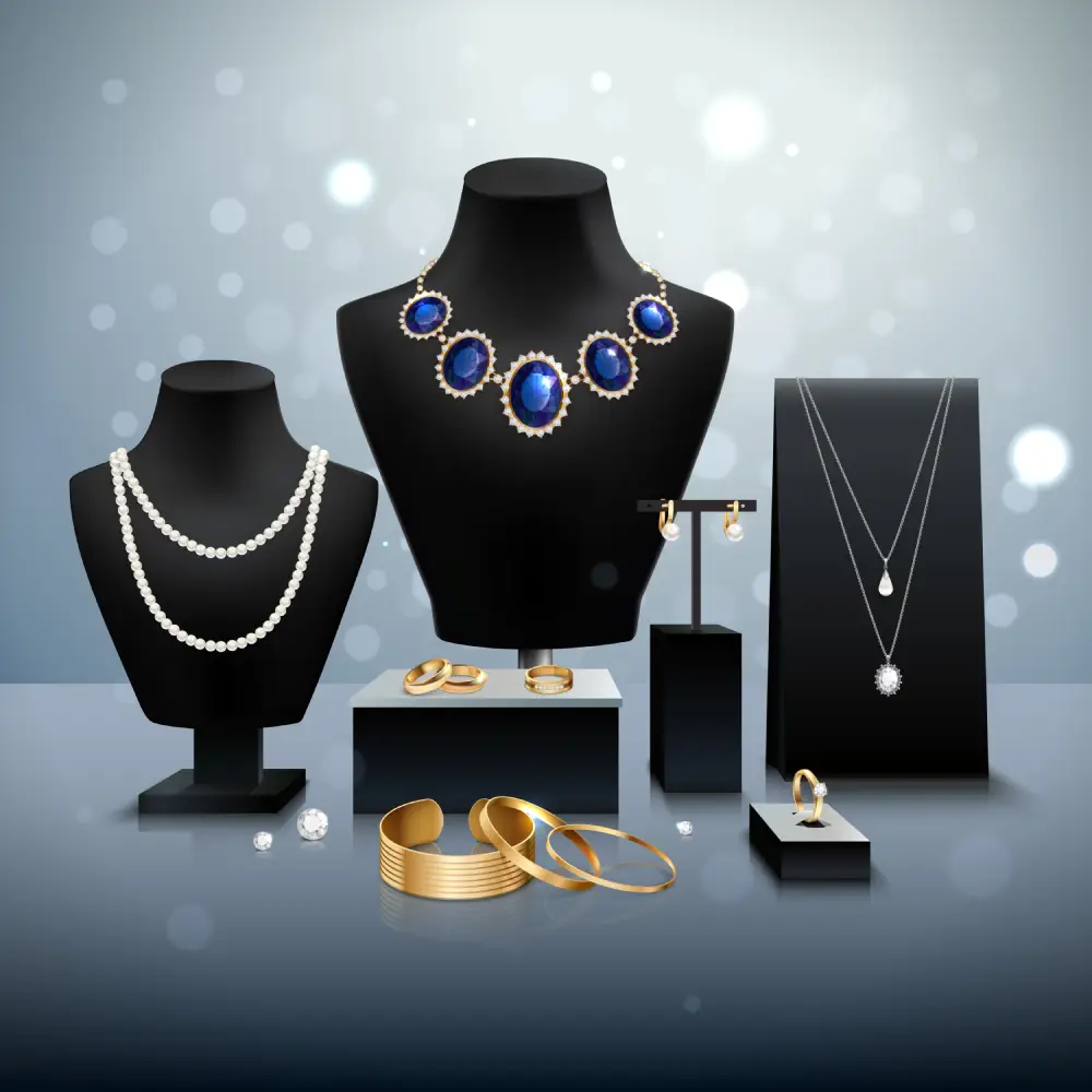 Jewelry collection displayed on stands