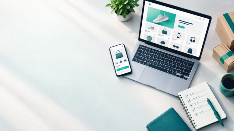 Shopify store SEO workspace with laptop, phone and optimisation checklist