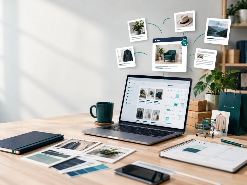 Shopify content marketing workspace with ecommerce products, content planning cards, laptop, and teal and navy accents.
