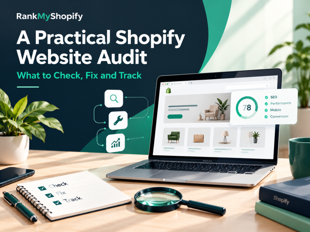 Shopify website audit with SEO, performance, and conversion checks on a laptop.