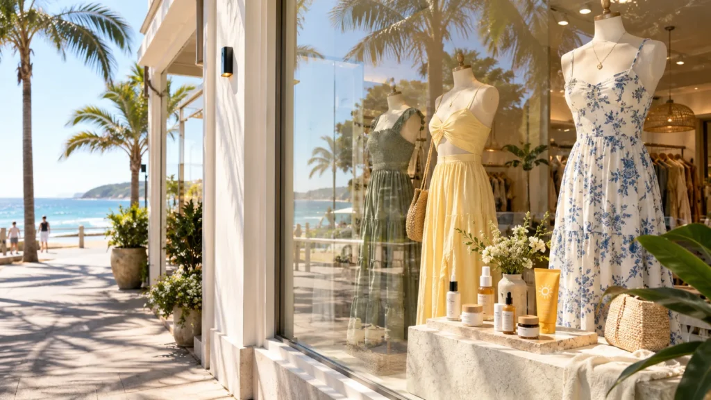 Boutique window with summer dresses and skincare in an Australian coastal street for a Shopify fashion brand