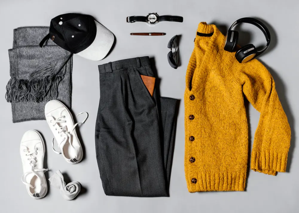 Flat lay of clothing and travel accessories