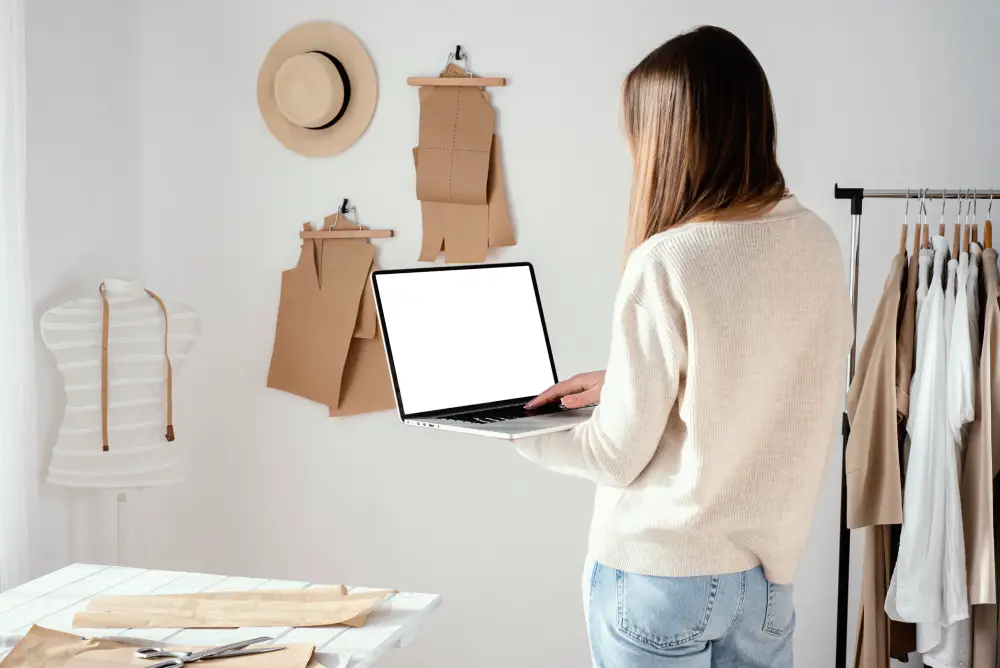 Female tailor working in her studio on a laptop