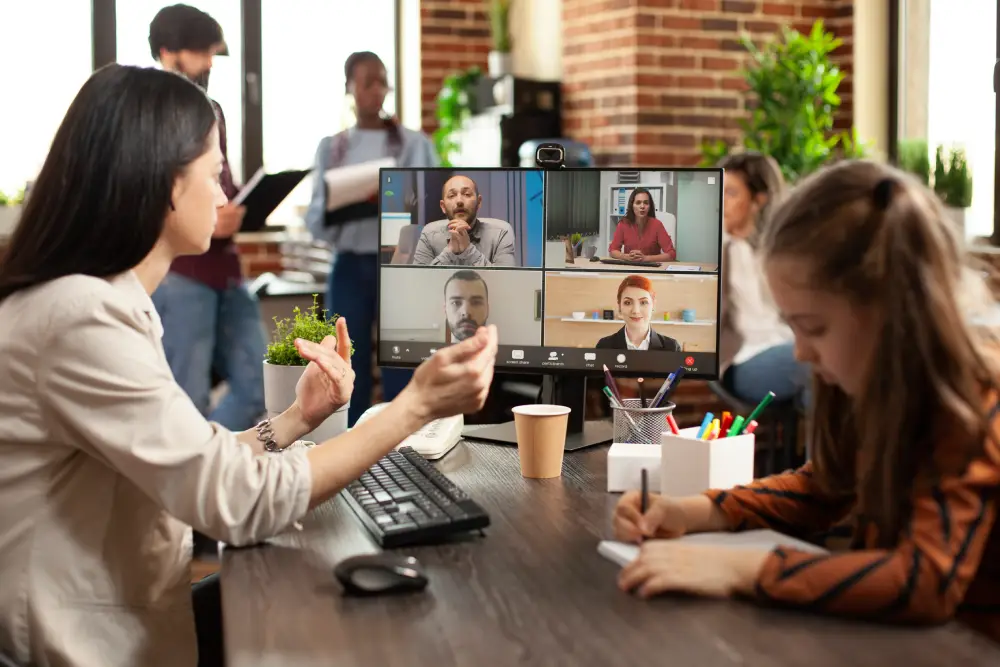 Businesswoman presenting on a video call about Shopify SEO for UK brands