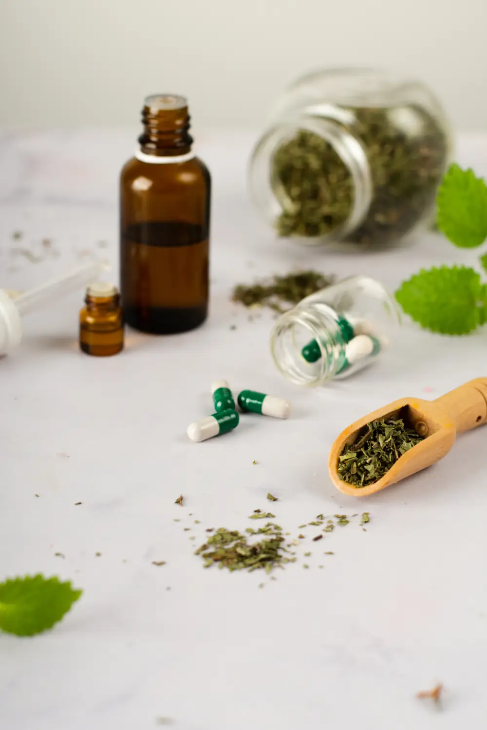 Herbal remedies and natural supplements on a table