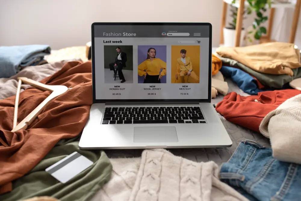 Clothes piled on a bed, fast fashion concept