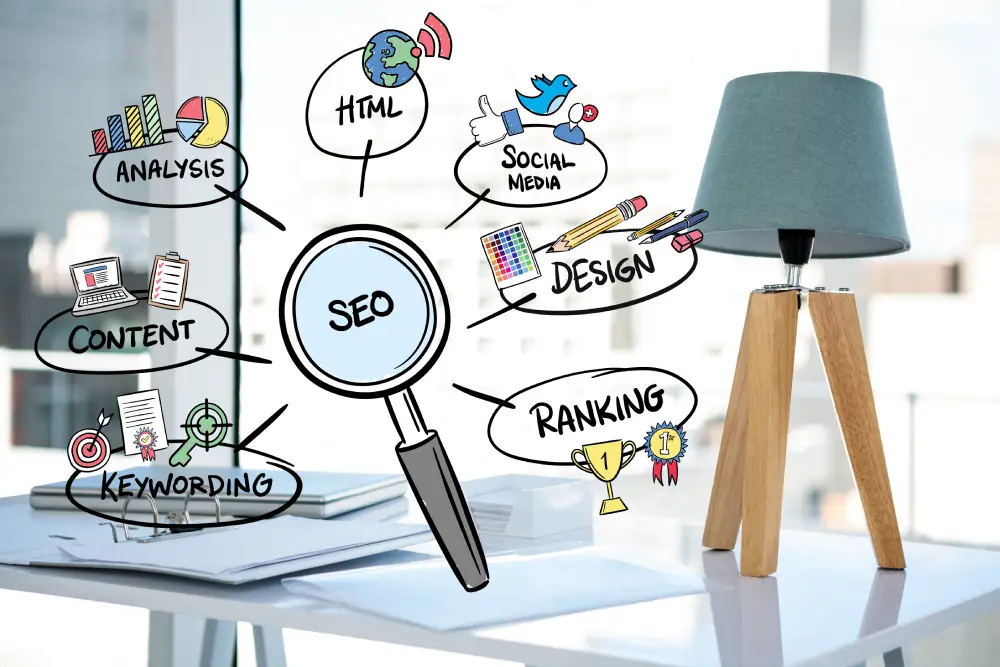 Magnifying glass over SEO concepts like keywords, content and ranking